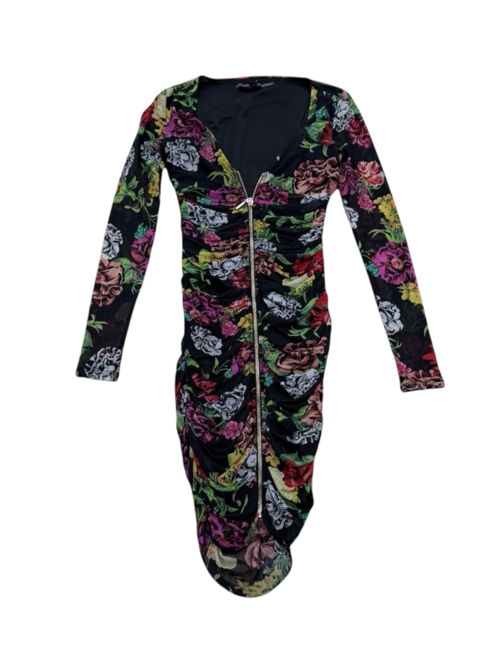 Women’s Y2K Guess Floral Ruched Dress Black Long Sleeve